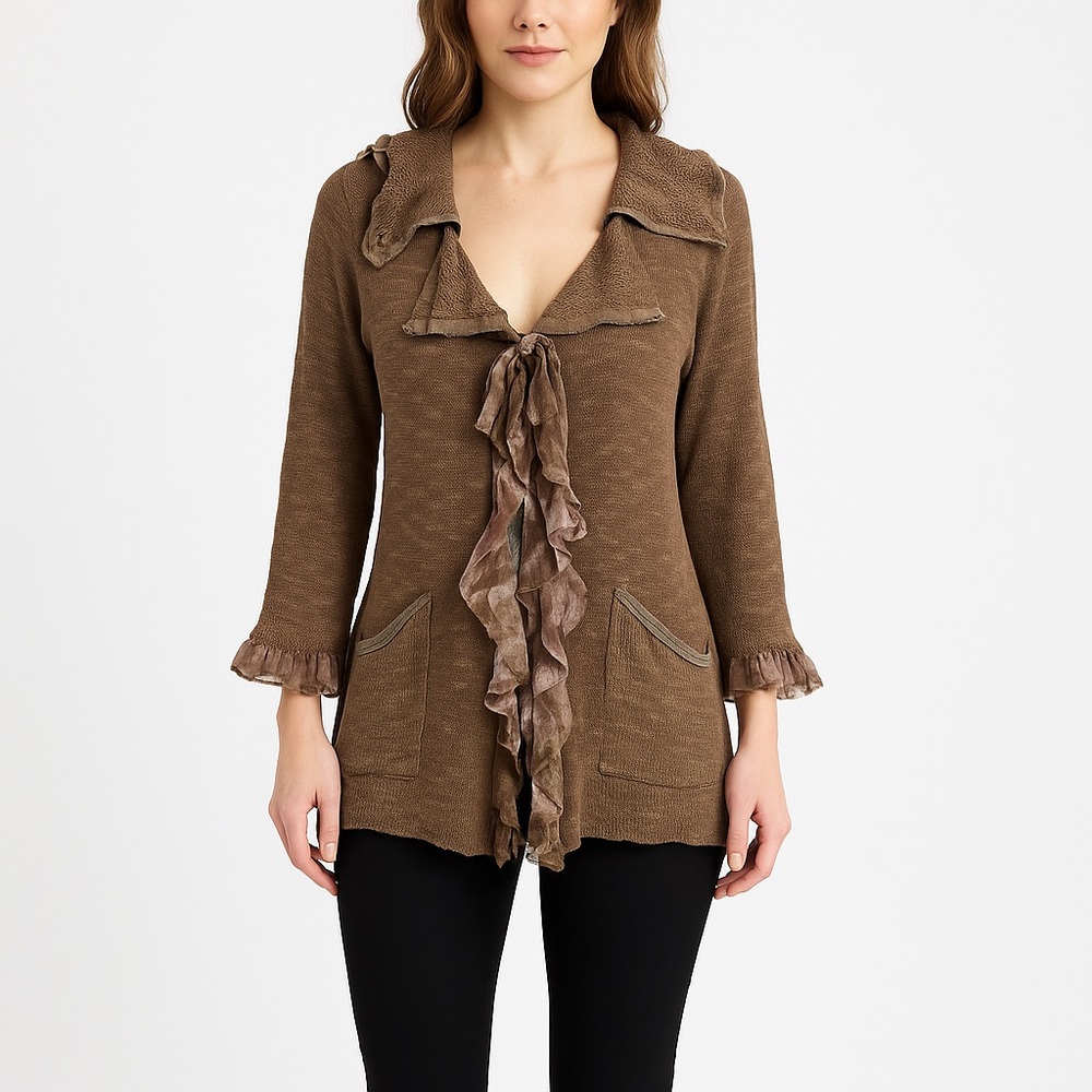 Puli knit cardigan bohemian woven sheer embellishments tan beige pink pockets ML